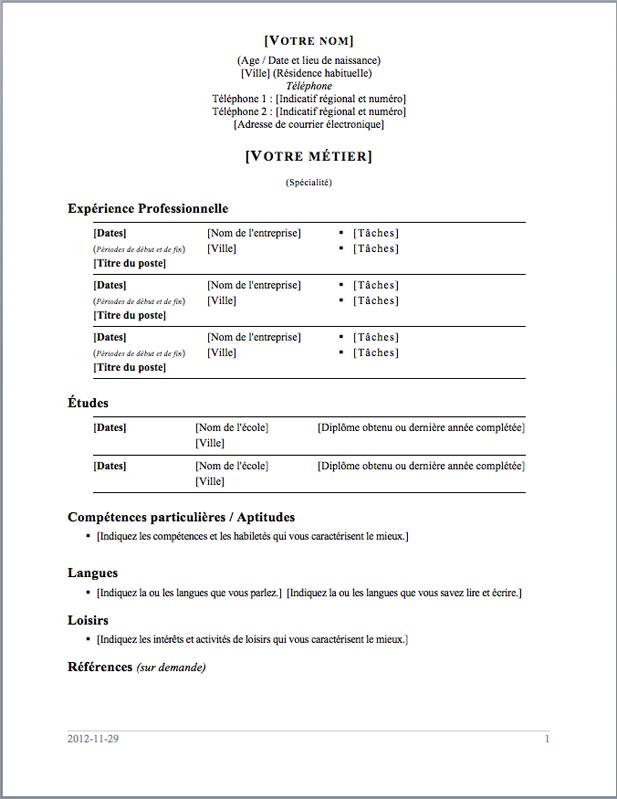 model rubrique CV
